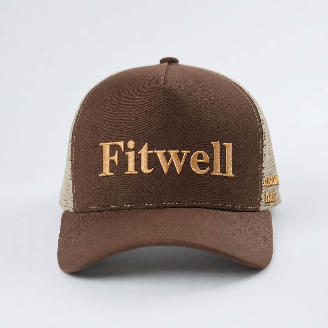 Brown Five-Panel Mesh Trucker Cap with Gold Slogan Embroidery