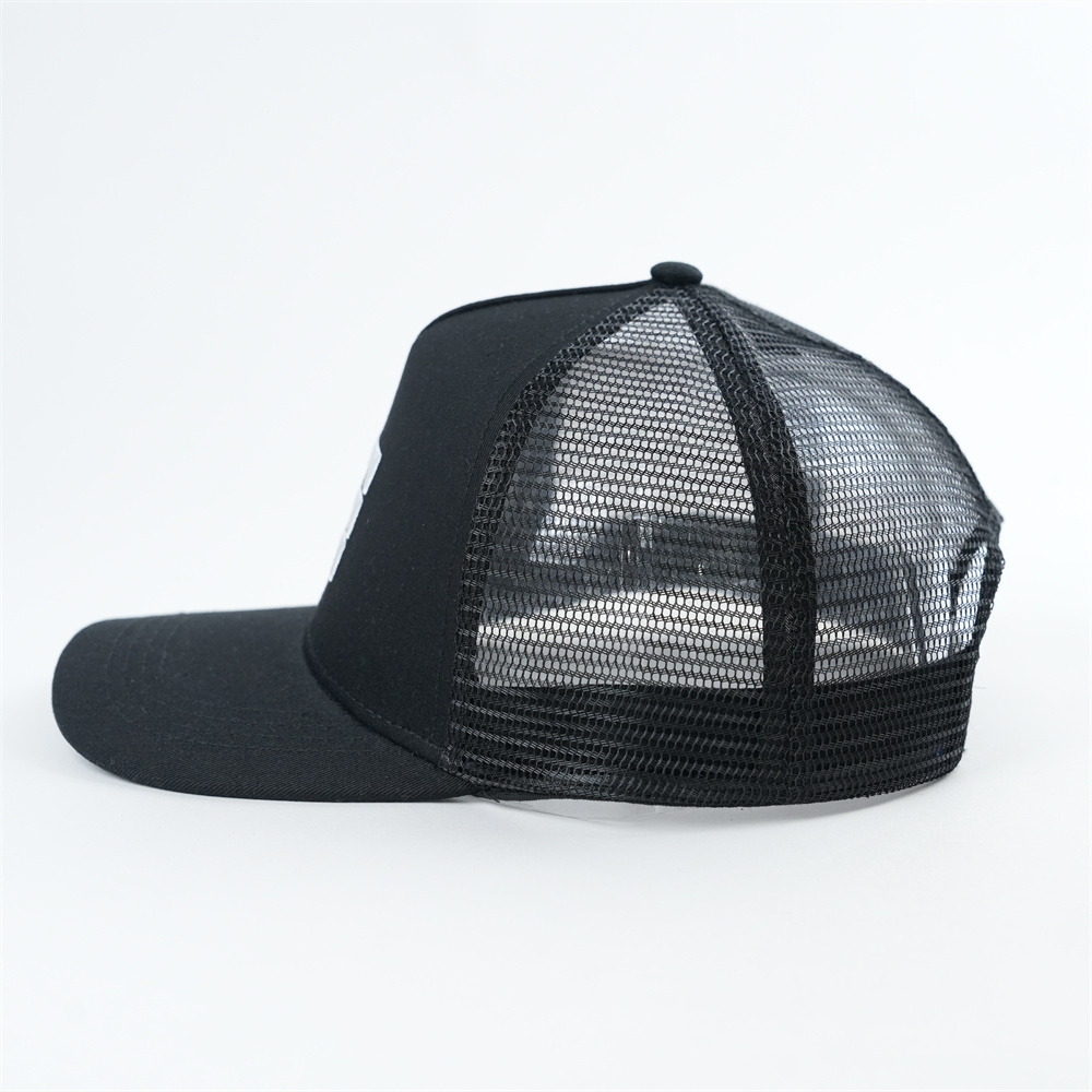 Black 5 Panel Mesh Trucker Cap with White Embroidered Logo