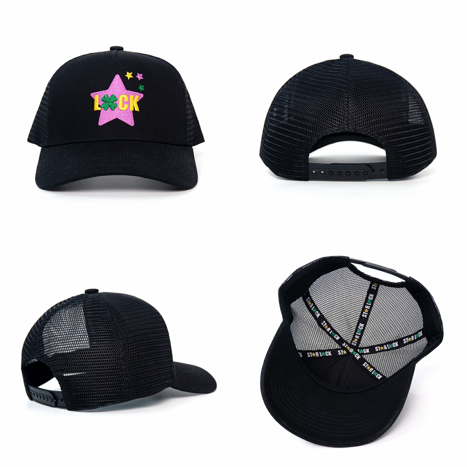 Black Mesh Trucker Hat with Lucky Star Embroidery