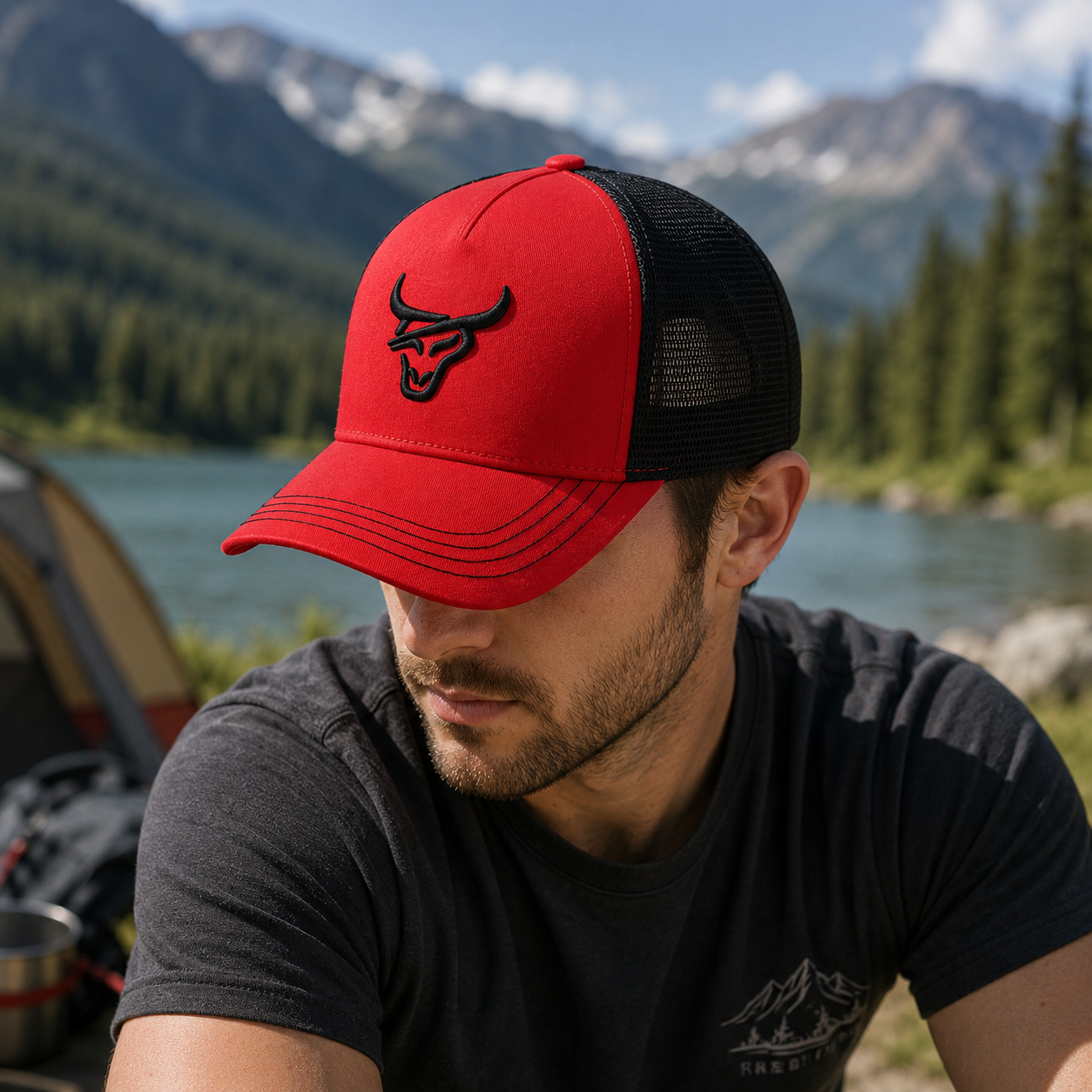 Red and Black Bull Logo Embroidered Mesh Trucker Cap