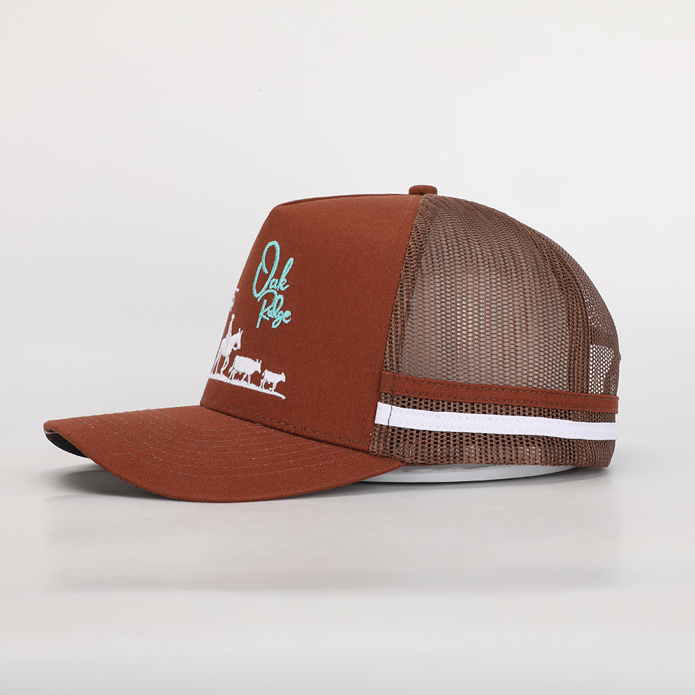 Brown Cotton Mesh Trucker Hat with Ranch Animal Embroidered Logo