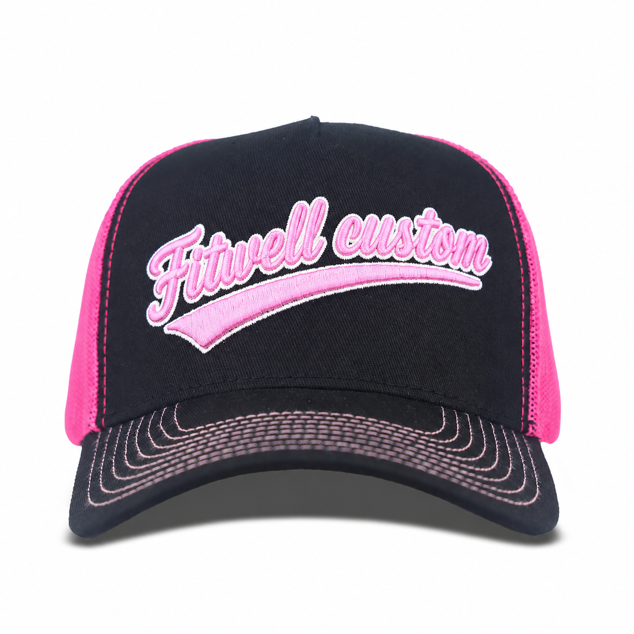 Black Pink Script Embroidered Mesh Trucker Cap