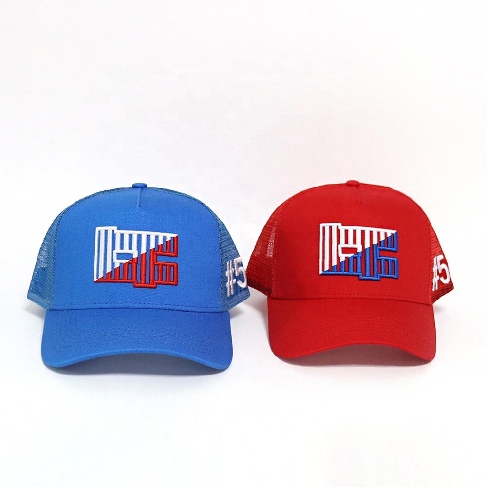 Red and Blue 5-Panel Mesh Trucker Hats with 3D Embroidery