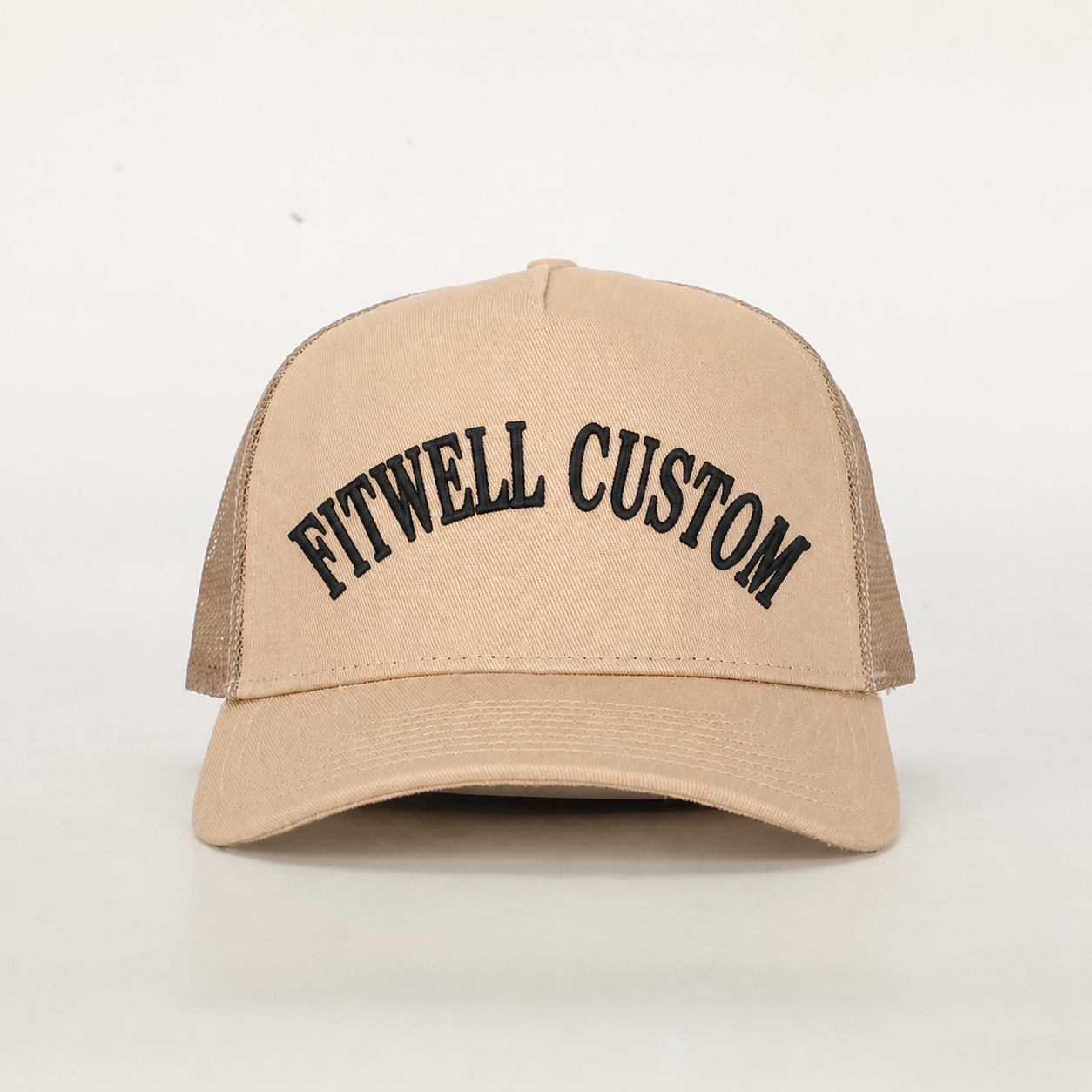 SAINT FAITH Beige 5-Panel Cotton Mesh Trucker Hat with Embroidered Letter Logo