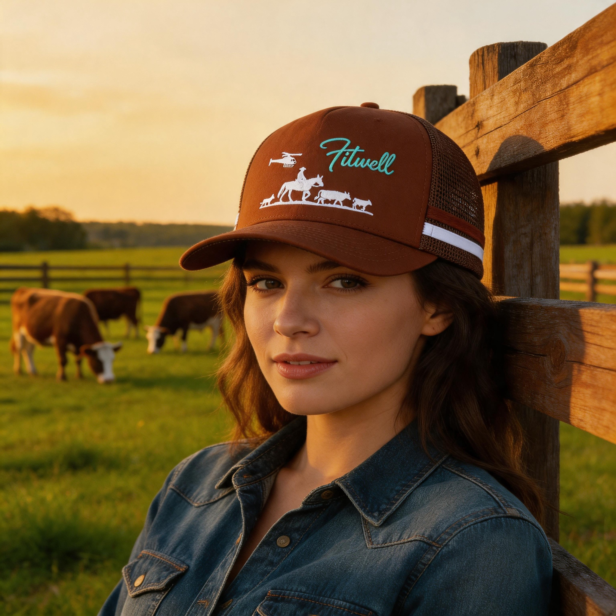 Brown Cotton Mesh Trucker Hat with Ranch Animal Embroidered Logo