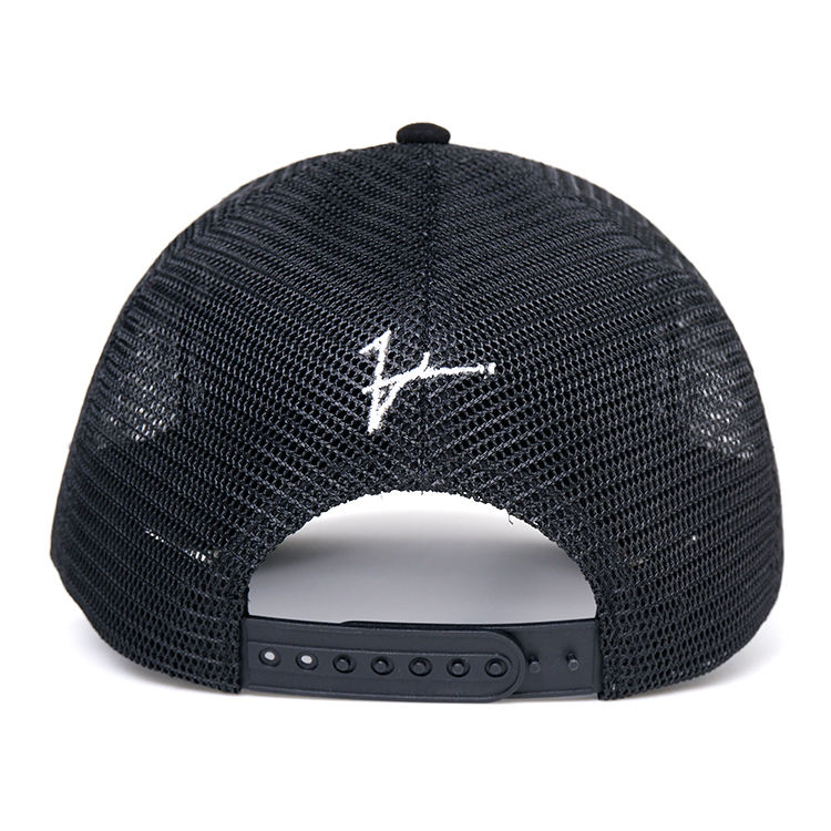 Black Suede Front Mesh Trucker Cap with Bold White Embroidered Graphic