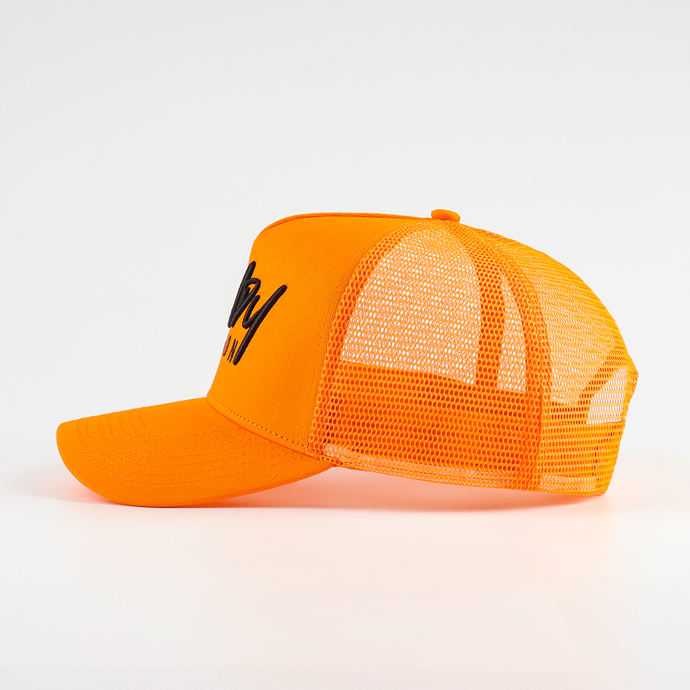 Neon Orange Foam Mesh Trucker Hat with 3D Black Embroidery