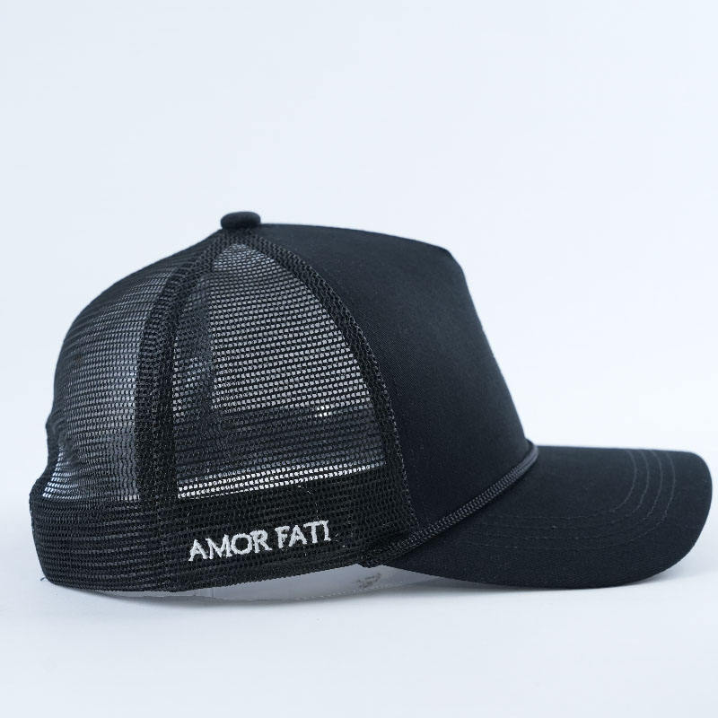 Black Mesh Rope Trucker Cap with Rose Embroidery