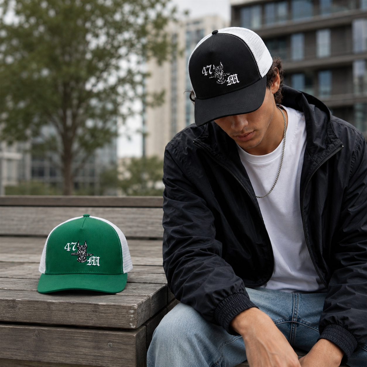 Green and Black Two-Tone Mesh Trucker Hats with 47 Eagle Embroidery