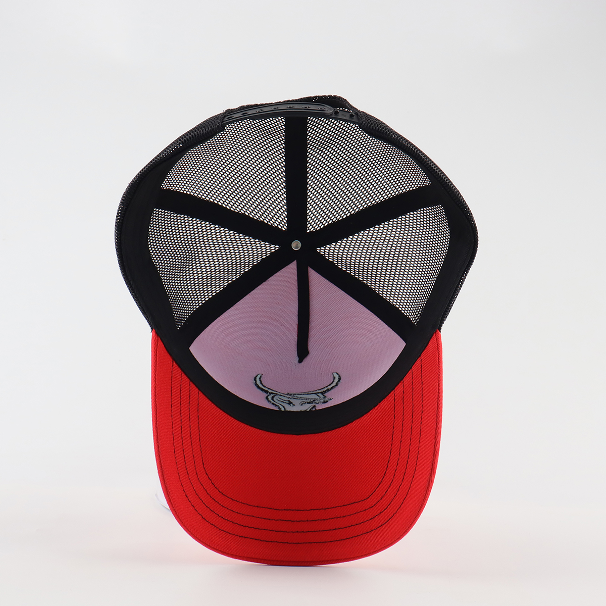 Red and Black Bull Logo Embroidered Mesh Trucker Cap