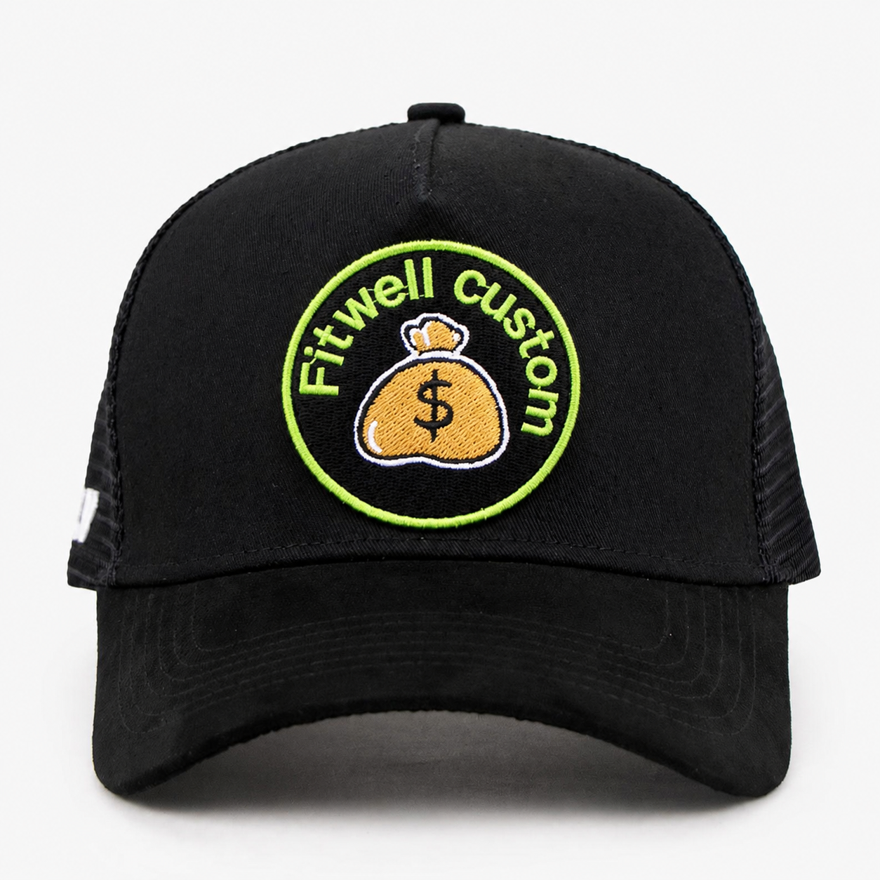 Black Happy Trash Money Bag Patch Mesh Trucker Cap