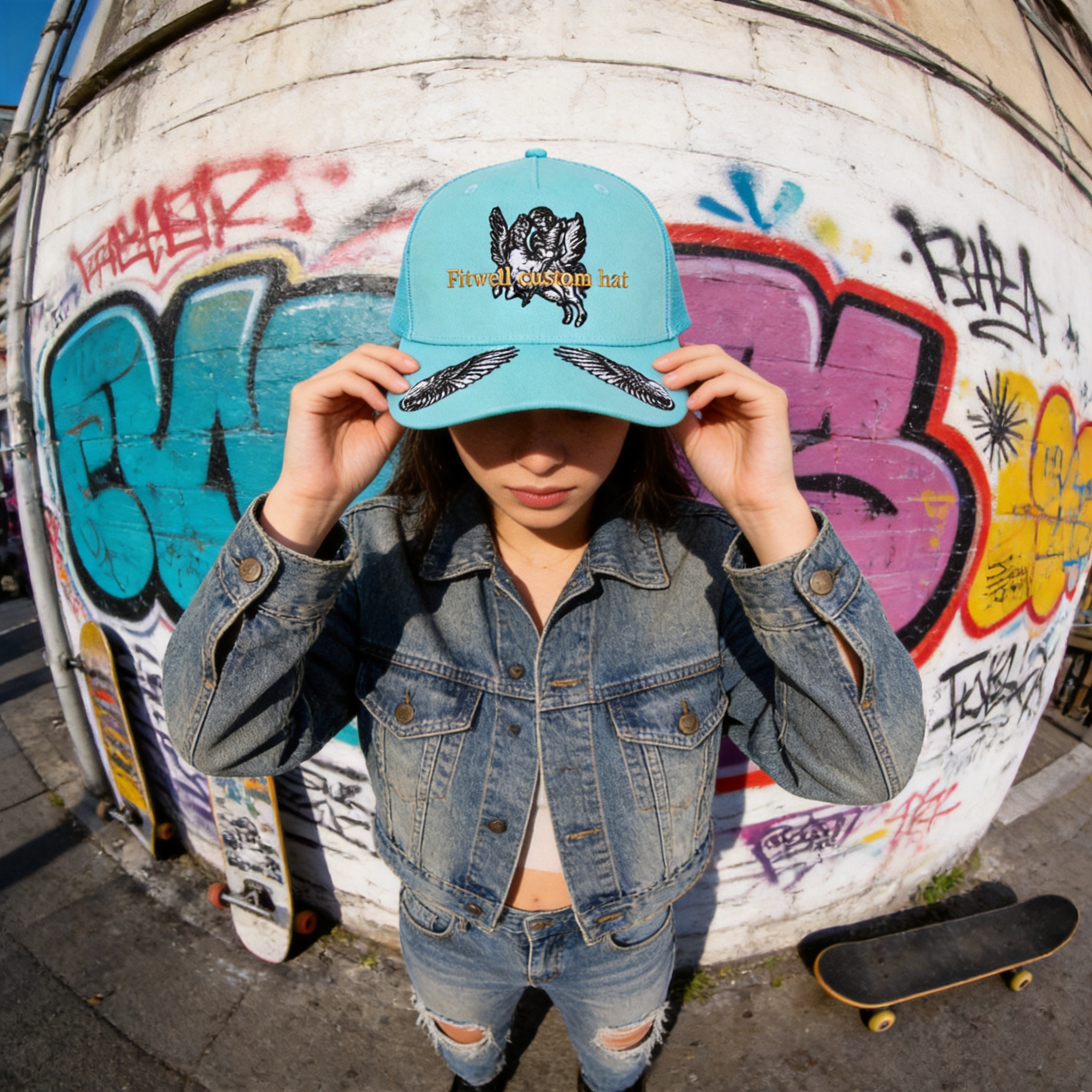 Angel Embroidery Turquoise Mesh Back Baseball Cap