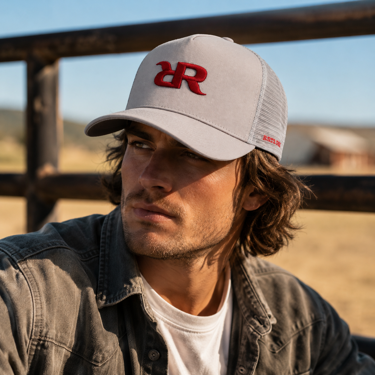 Stone Gray Cotton Trucker Hat with Red Embroidered Monogram Logo