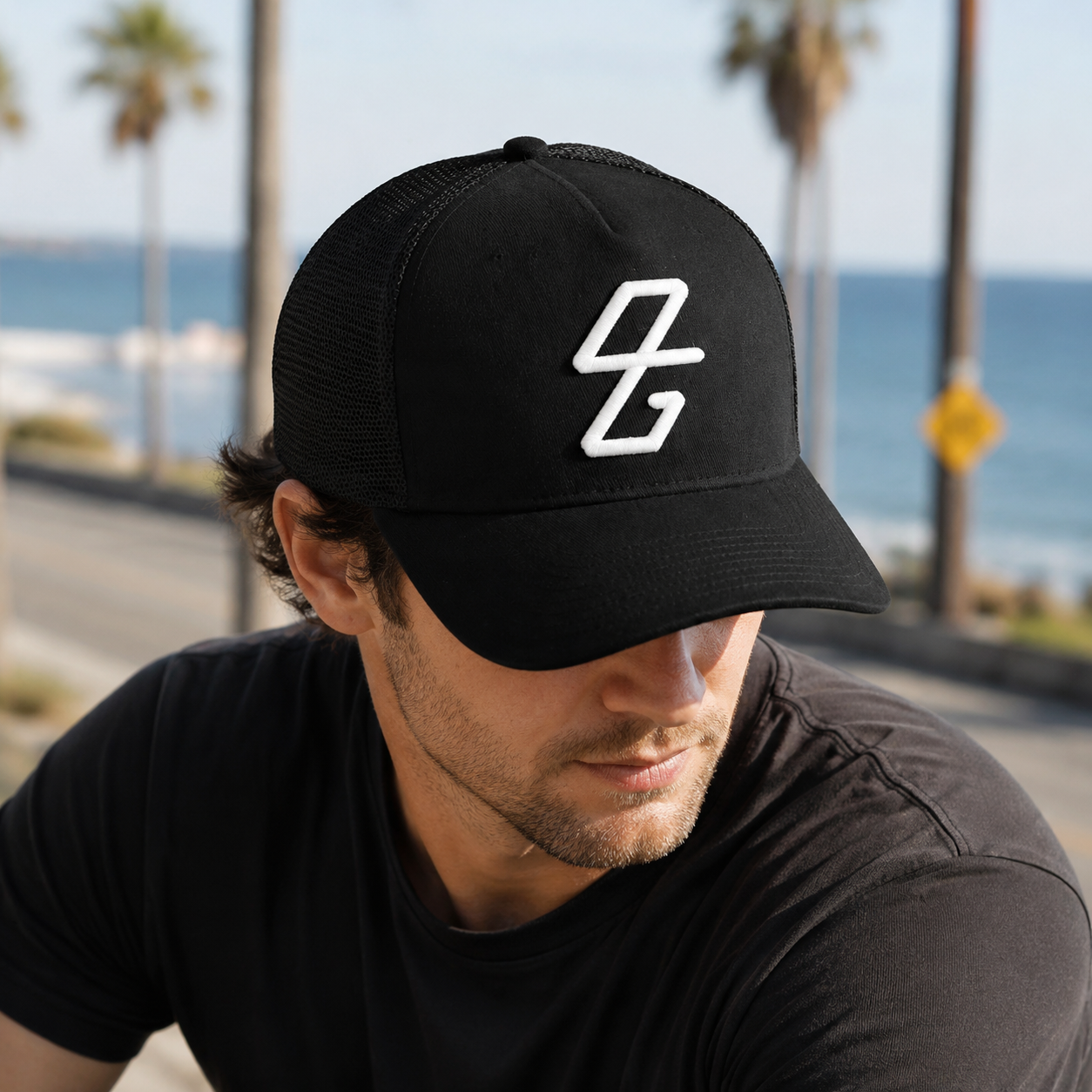 Black Mesh Trucker Cap with White Raised Logo Embroidery