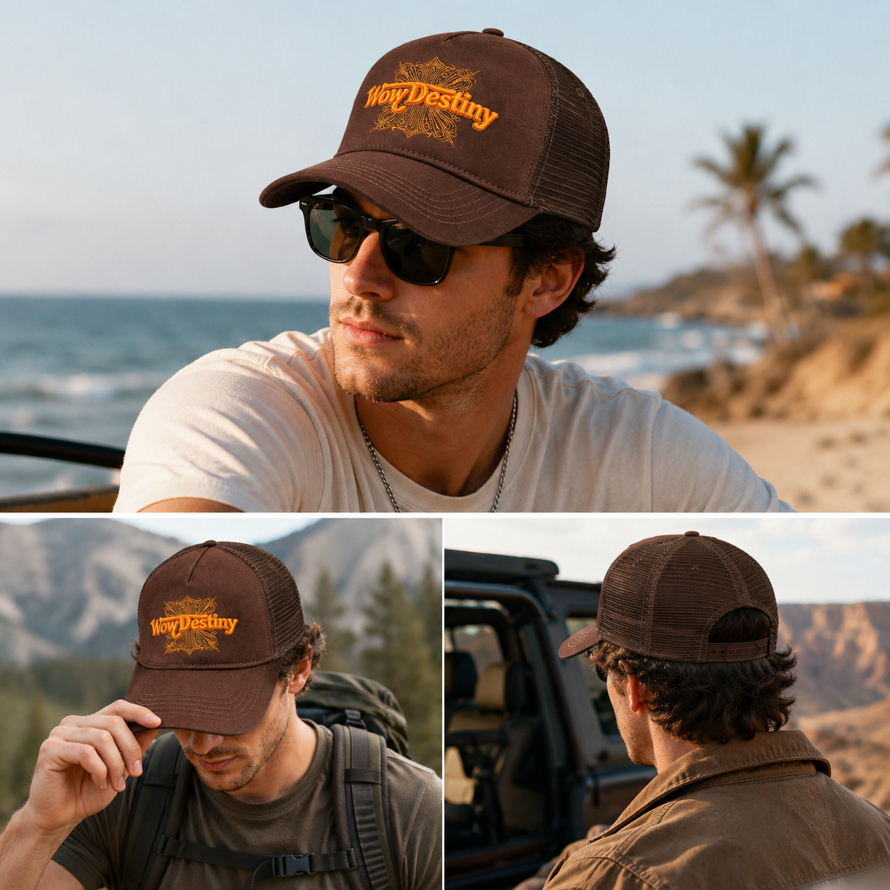 Brown Mesh Trucker Hat with Orange Wow Destiny Embroidery