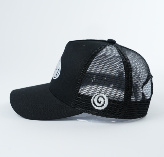 Black Mesh Trucker Cap with White Oval Embroidered Letter Logo