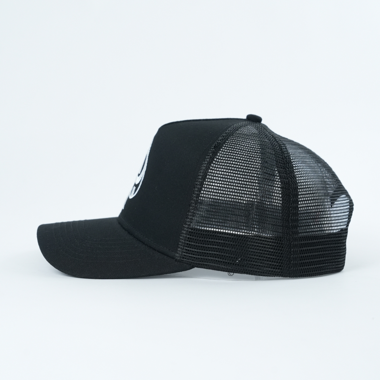 Black Mesh Trucker Cap with White Spade Logo Embroidery