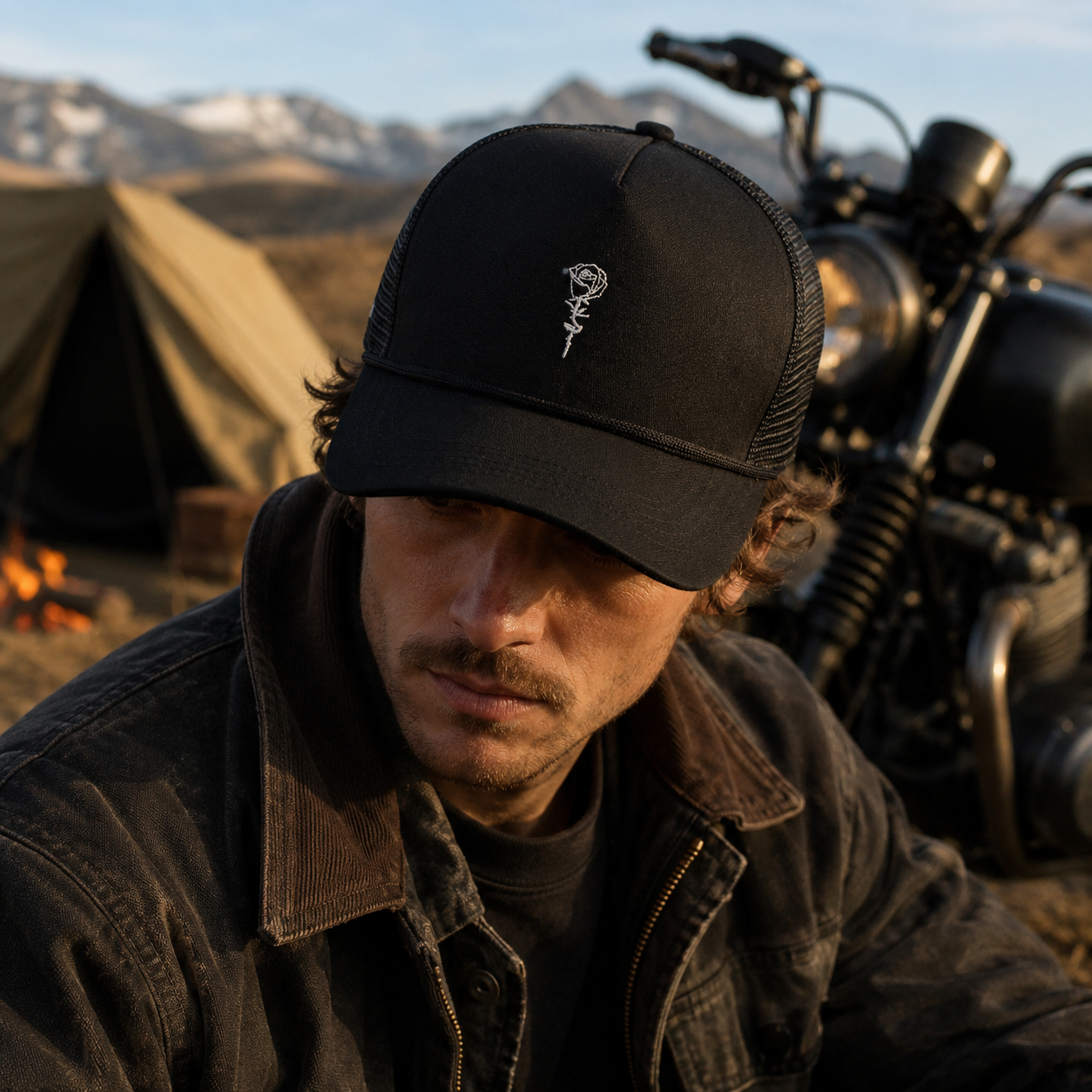 Black Mesh Rope Trucker Cap with Rose Embroidery