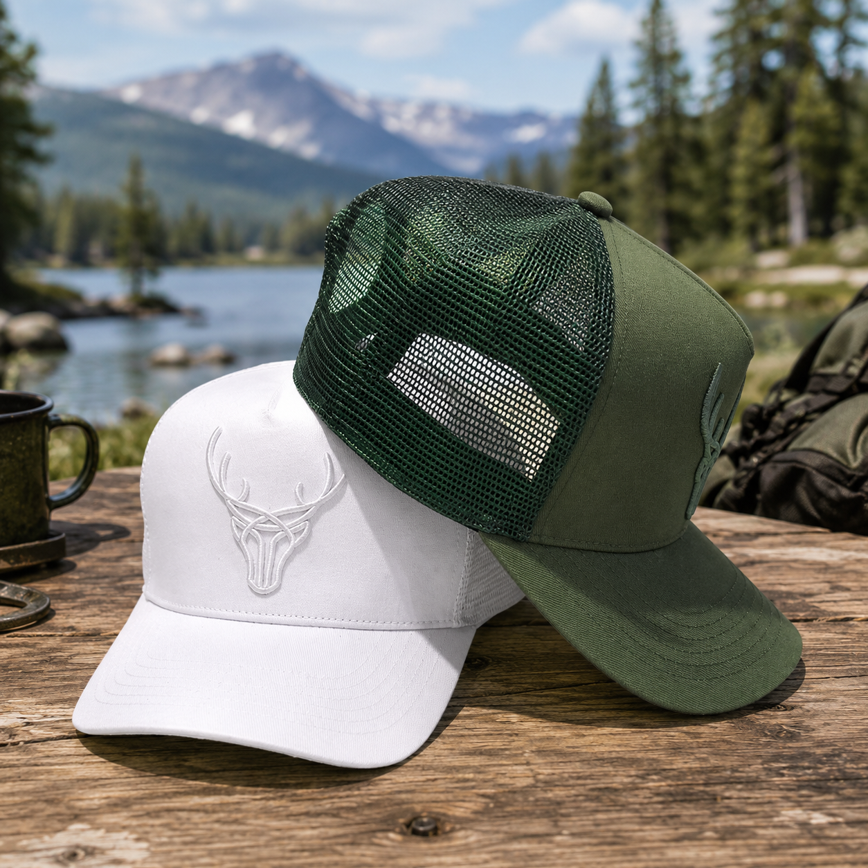 White and Forest Green Deer Embroidered Five-Panel Trucker Caps