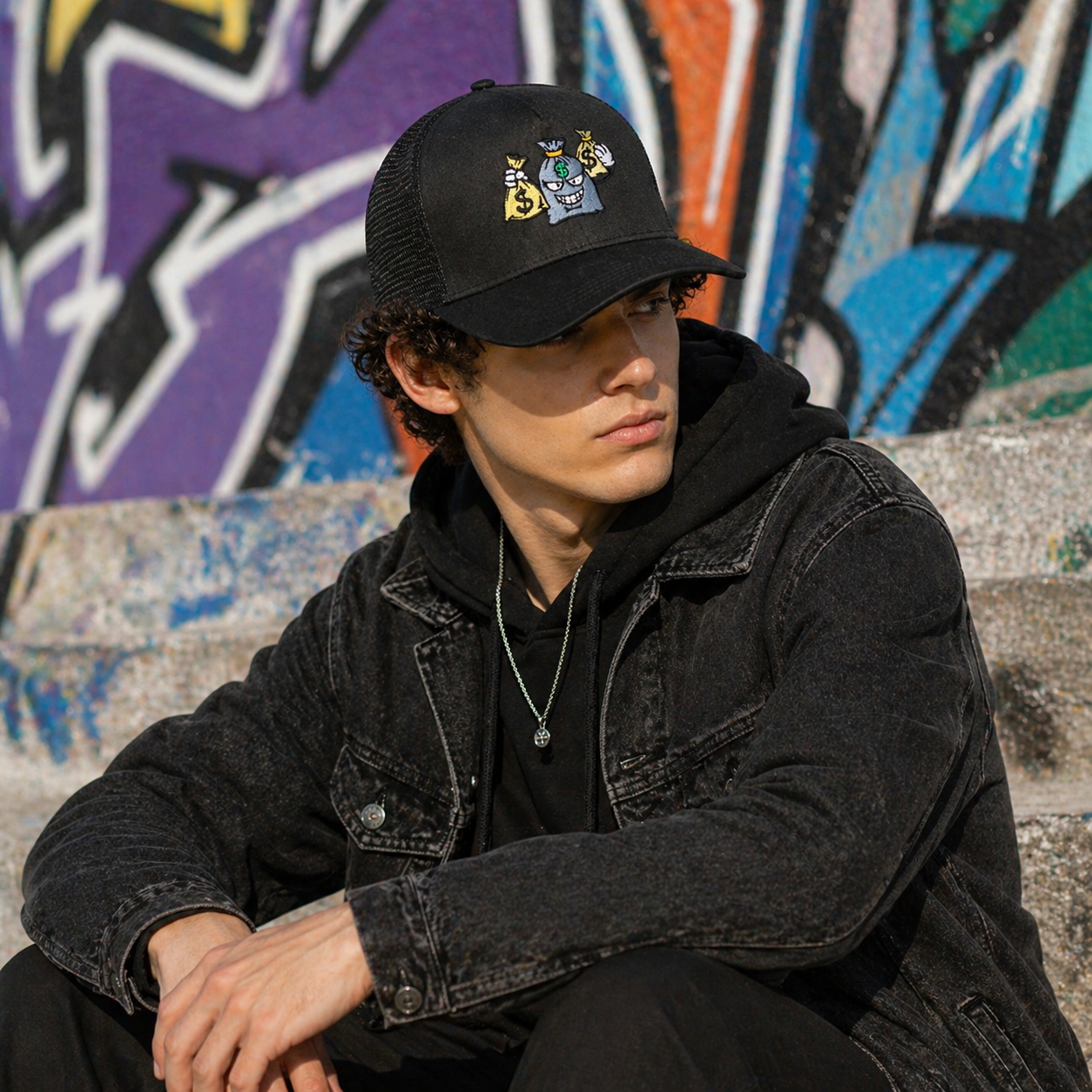 Black 5 Panel Trucker Hat with Embroidered Money Bag Cartoon Logo