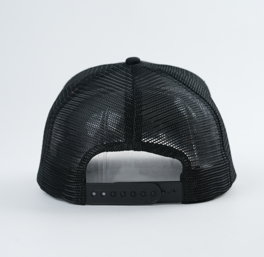 Black 5 Panel Trucker Hat with Embroidered Money Bag Cartoon Logo