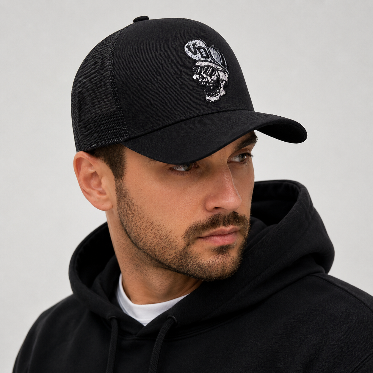 Skull Rider Embroidered Cotton Mesh Trucker Hat