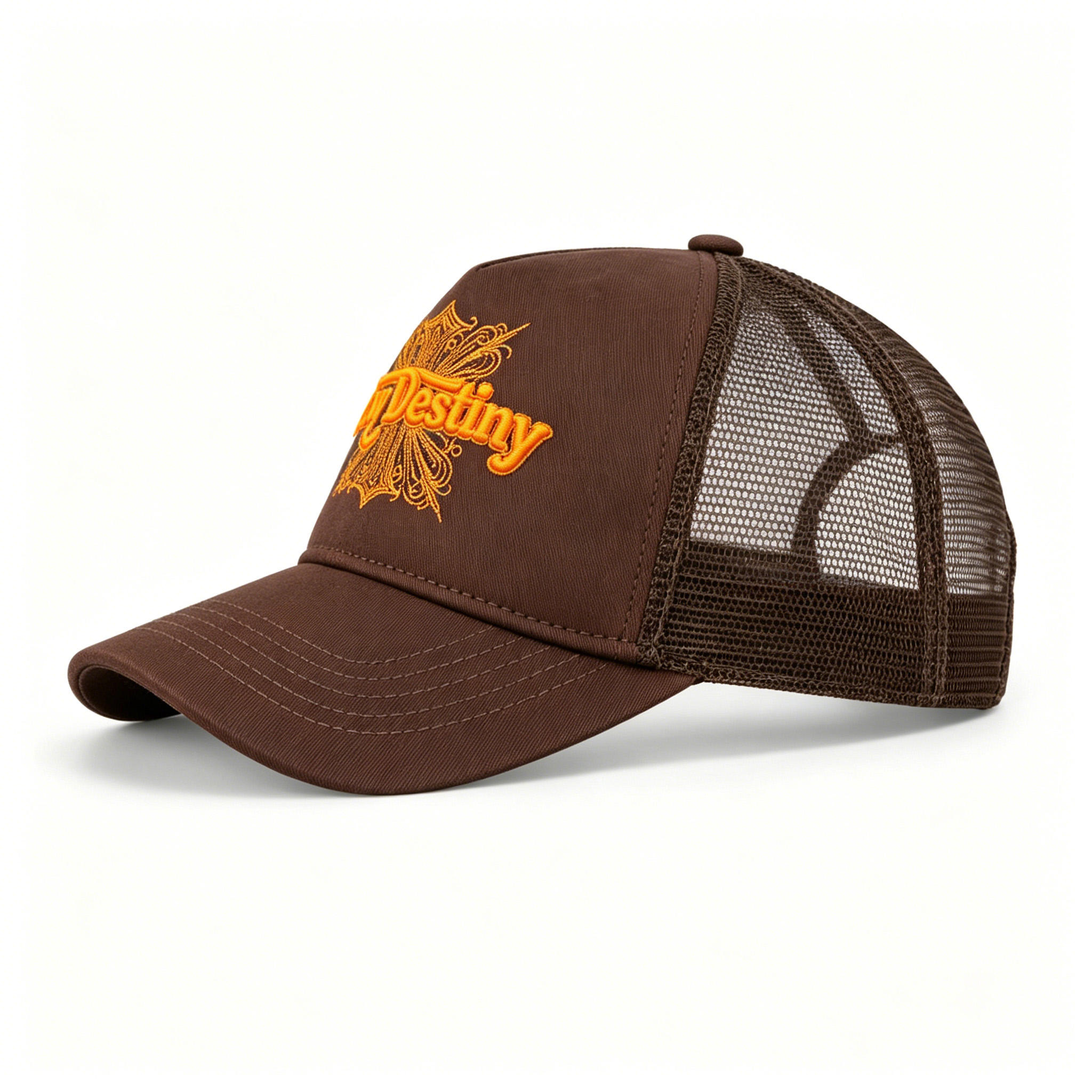 Brown Mesh Trucker Hat with Orange Wow Destiny Embroidery