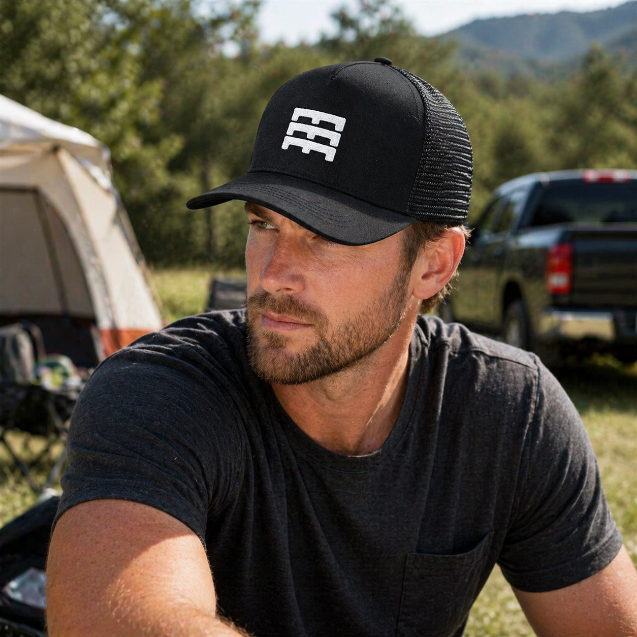 Black 5 Panel Mesh Trucker Cap with White Embroidered Logo