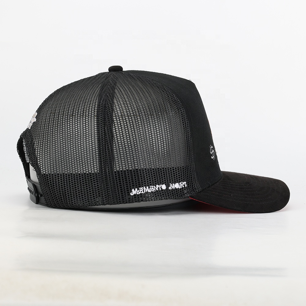 Black 5-Panel Mesh Trucker Cap with Multicolor Graphic Embroidery – Curved Brim Streetwear Hat