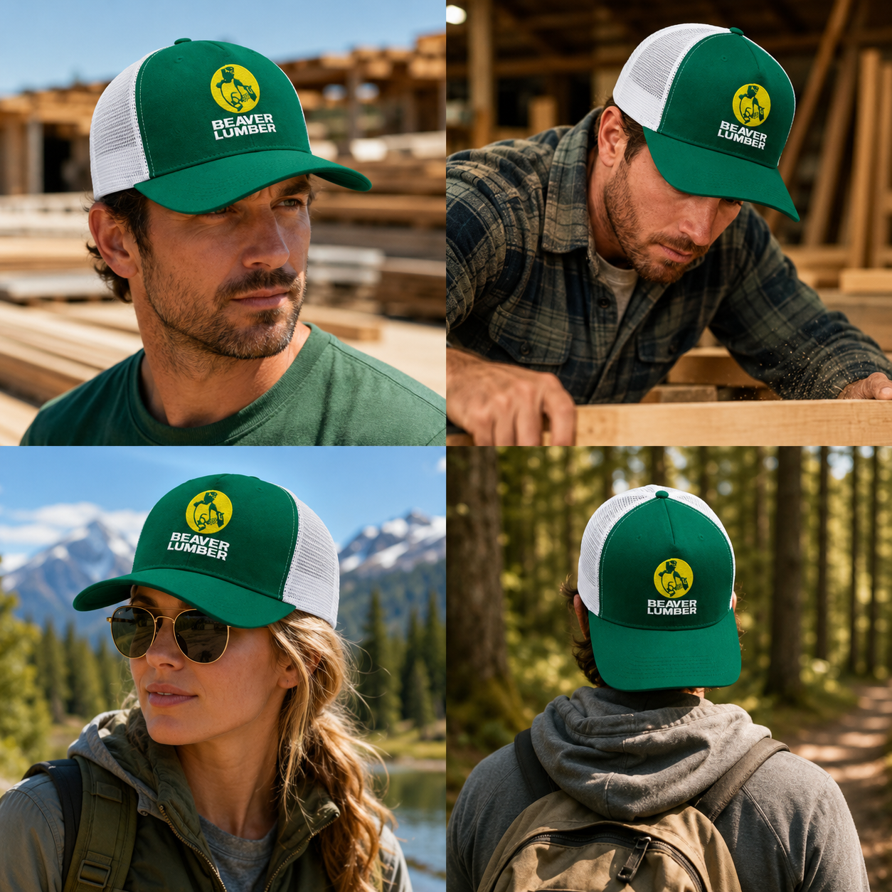 Forest Green Cotton-Front Mesh Trucker Cap with Beaver Lumber Embroidery