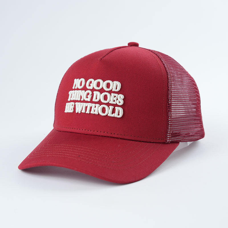 Red Embroidered Slogan Mesh Trucker Cap