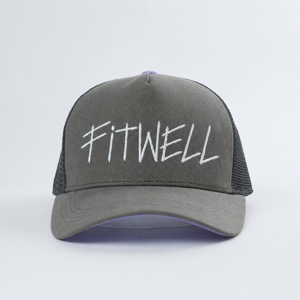 Gray Five-Panel Curved Brim Trucker Cap with White Graffiti Embroidery