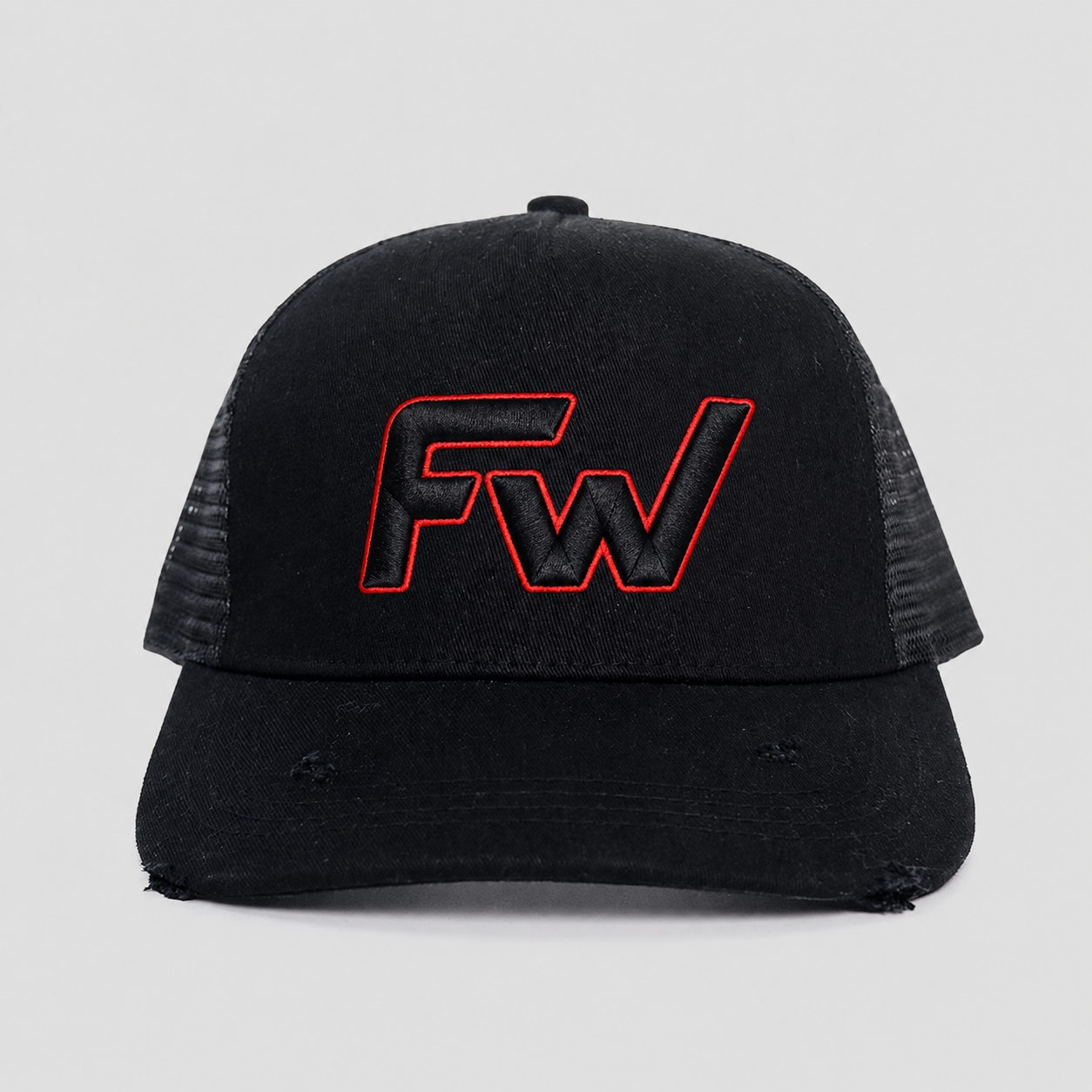 Black Red Logo Embroidered Mesh Trucker Hat