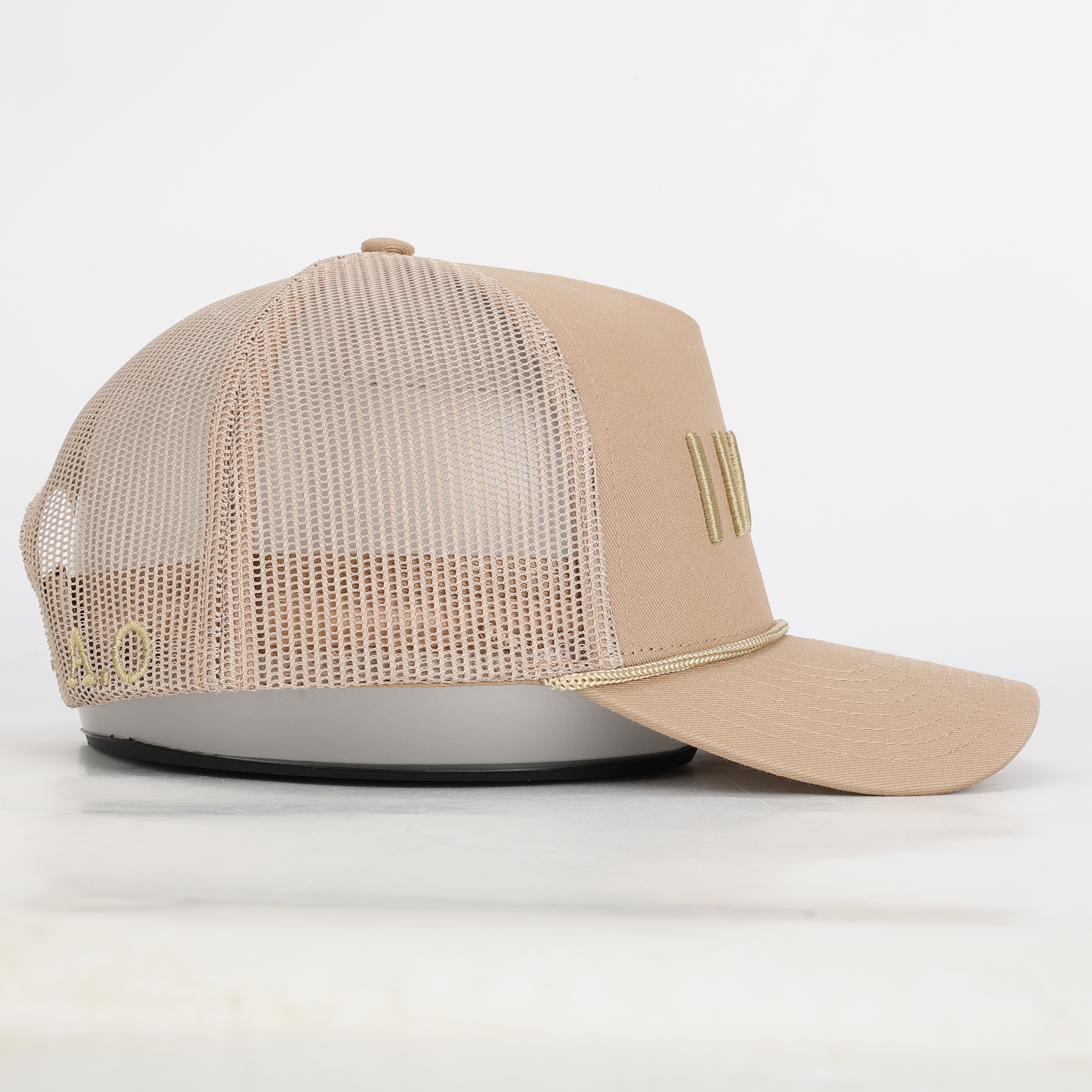 Beige Cotton Mesh Trucker Hat with Embroidered V Logo