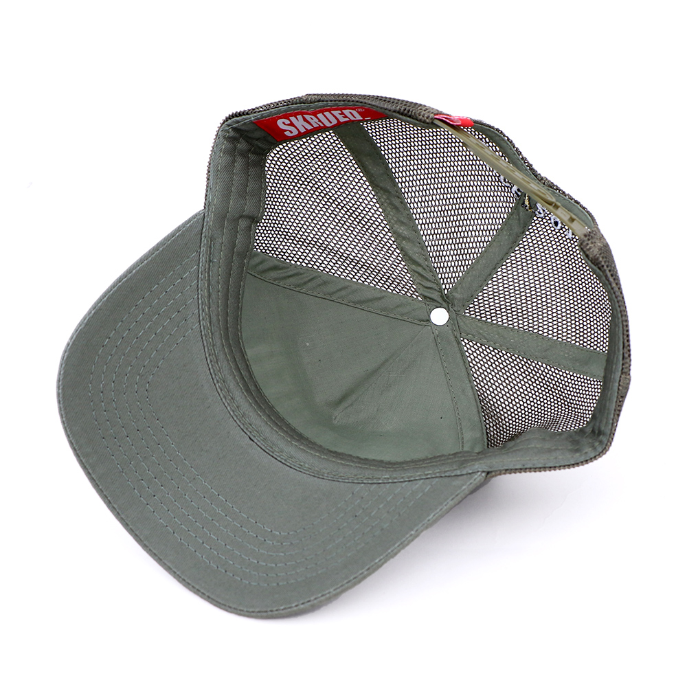 Olive Green and White Embroidered Five-Panel Mesh Trucker Cap