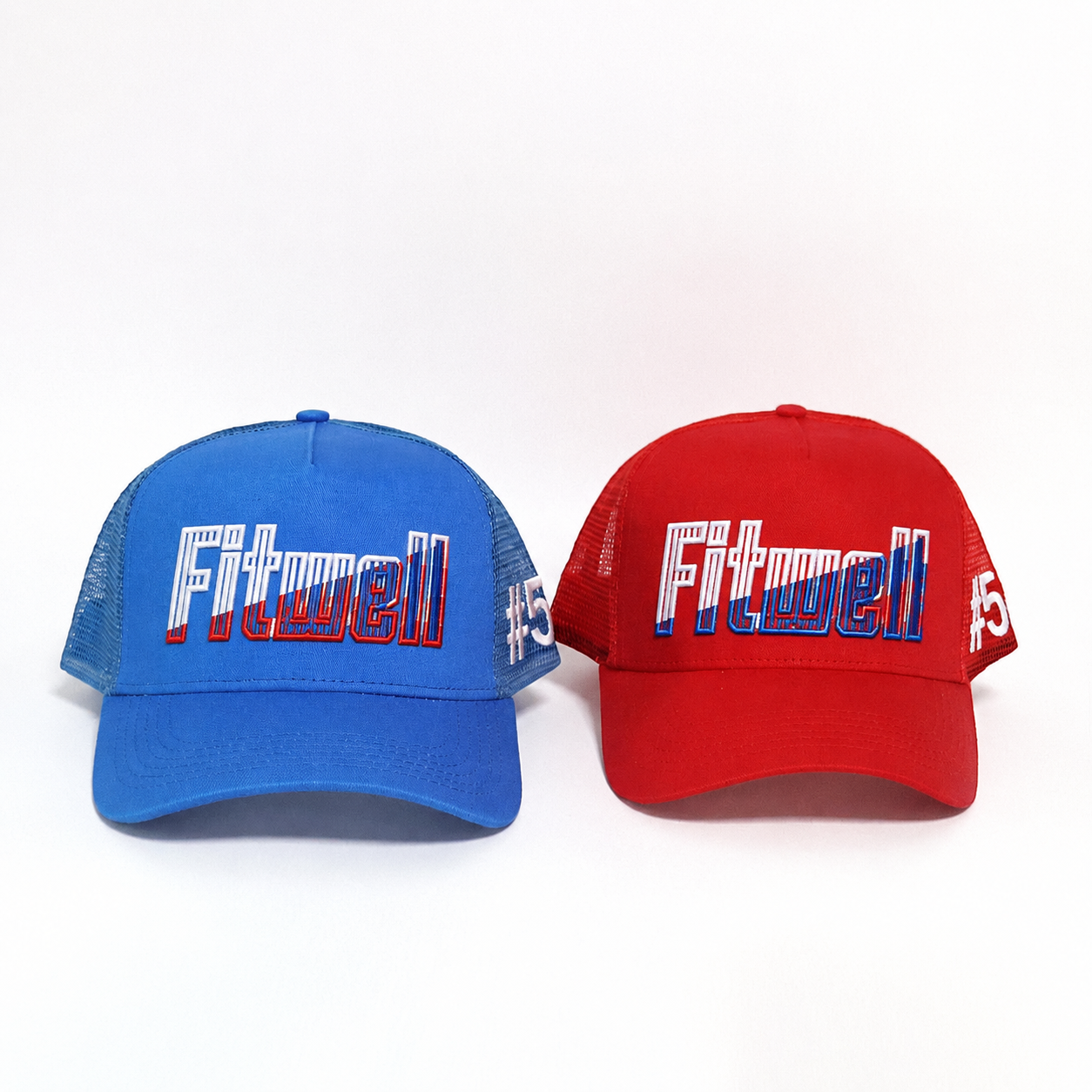 Red and Blue 5-Panel Mesh Trucker Hats with 3D Embroidery