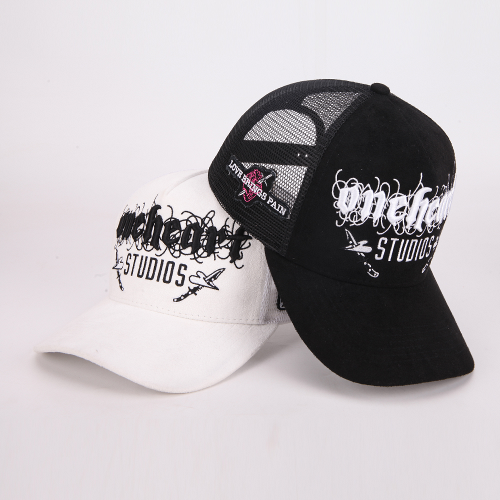 Black & White 5-Panel Cotton Trucker Hat with 3D Embroidered Studio Graphic, Warning Side Patch, Mesh Back and Curved Brim – Unisex Streetwear Cap