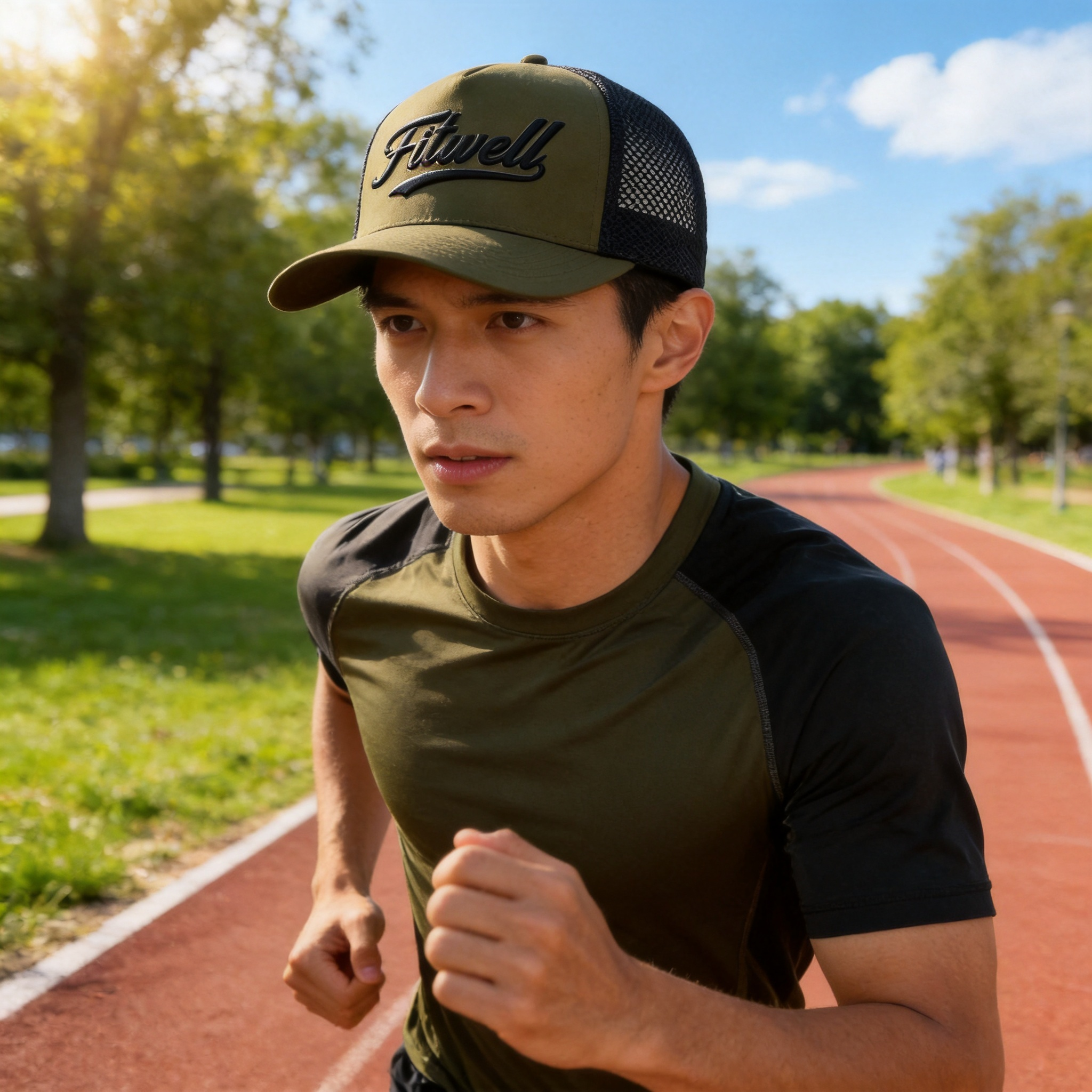 Olive Green Black Mesh Script Embroidered Cotton Trucker Hat