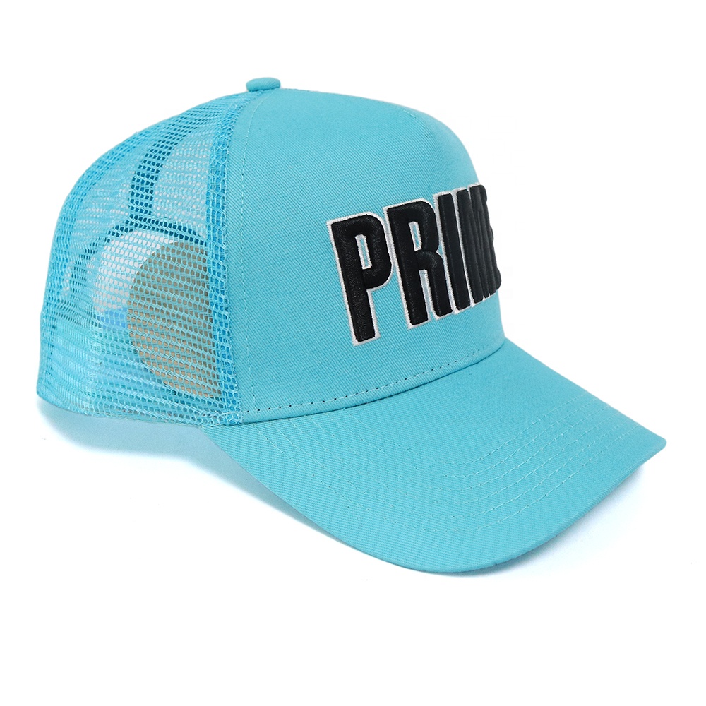 Turquoise 5-Panel Mesh Trucker Cap with Black Raised Lettering