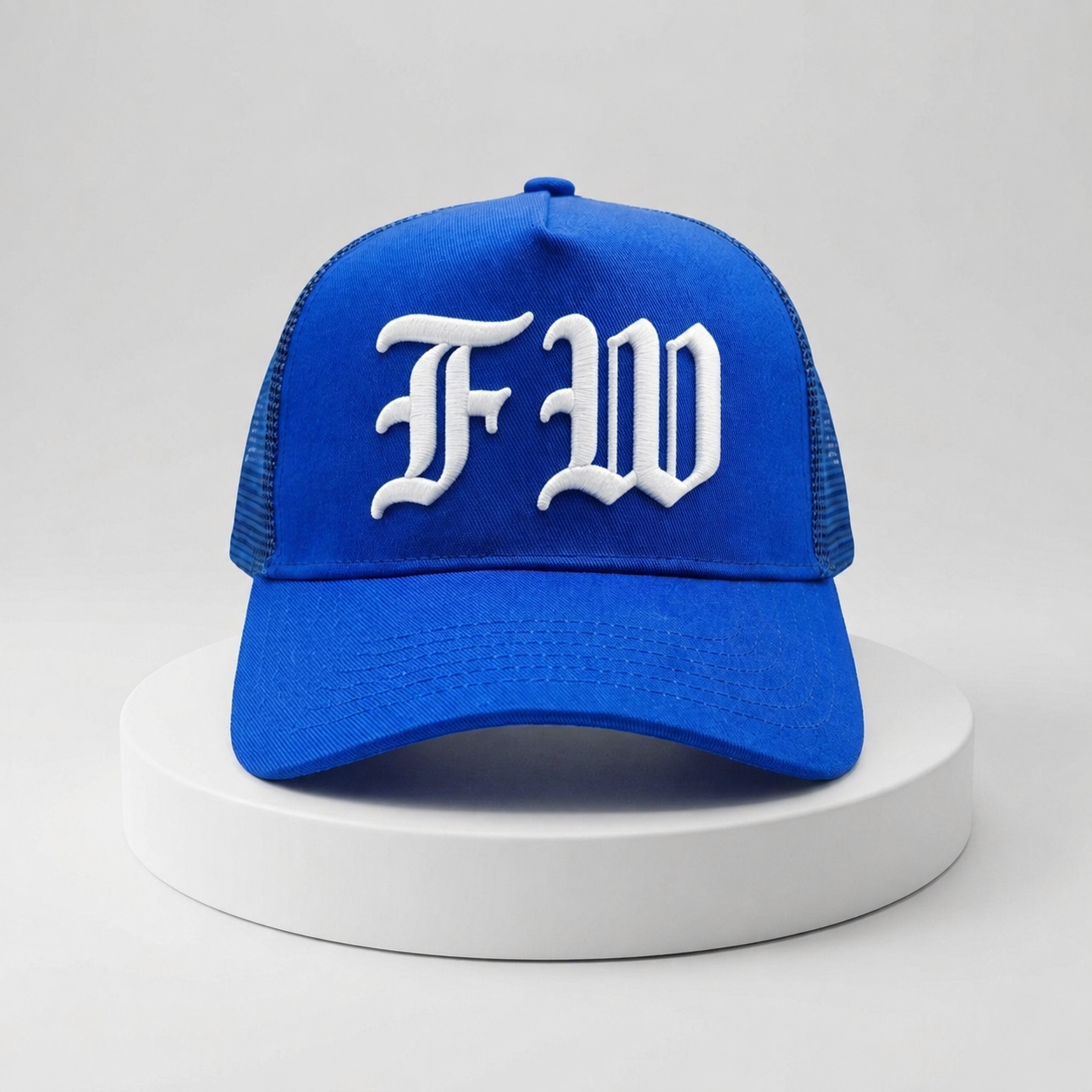Royal Blue Mesh-Back Trucker Cap with Raised White Gothic DB Embroidery