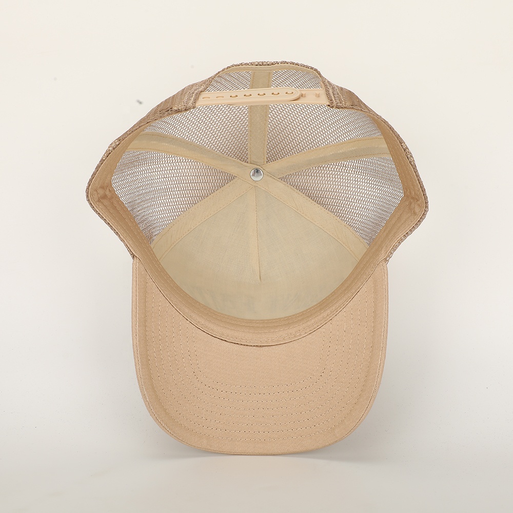 SAINT FAITH Beige 5-Panel Cotton Mesh Trucker Hat with Embroidered Letter Logo