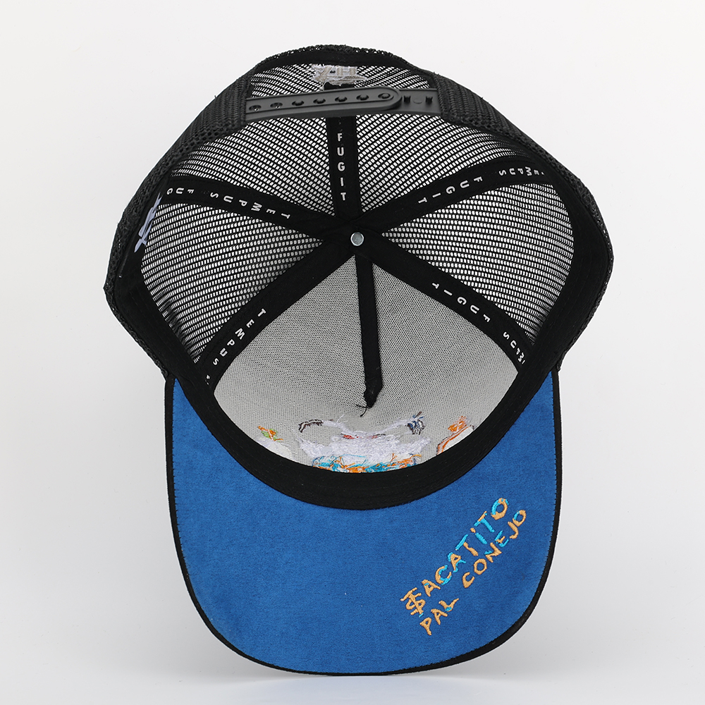Black 5-Panel Mesh Trucker Cap with Skeleton Graveyard Embroidery – Curved Brim Streetwear Hat