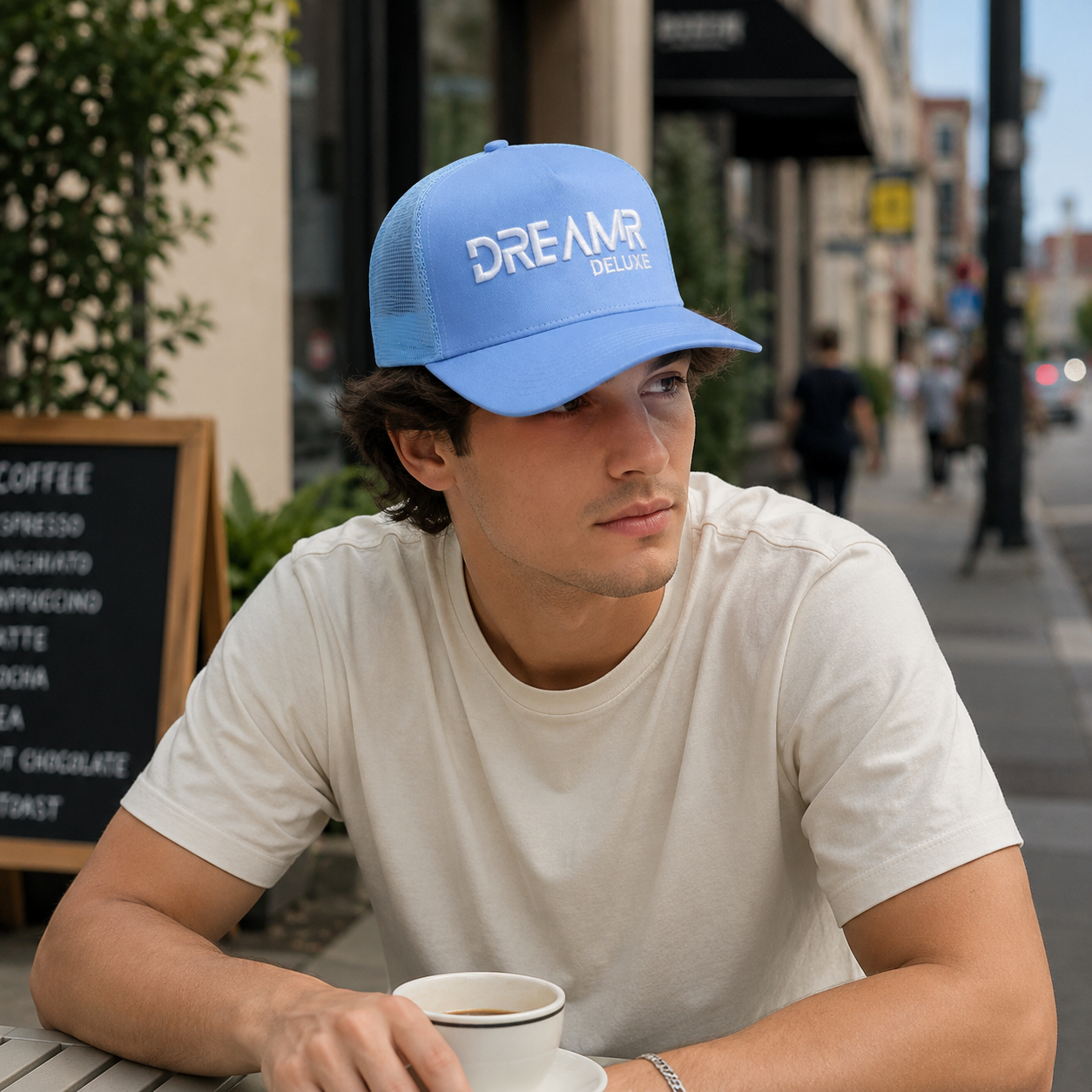 Light Blue 5-Panel Mesh Trucker Hat with White Embroidery