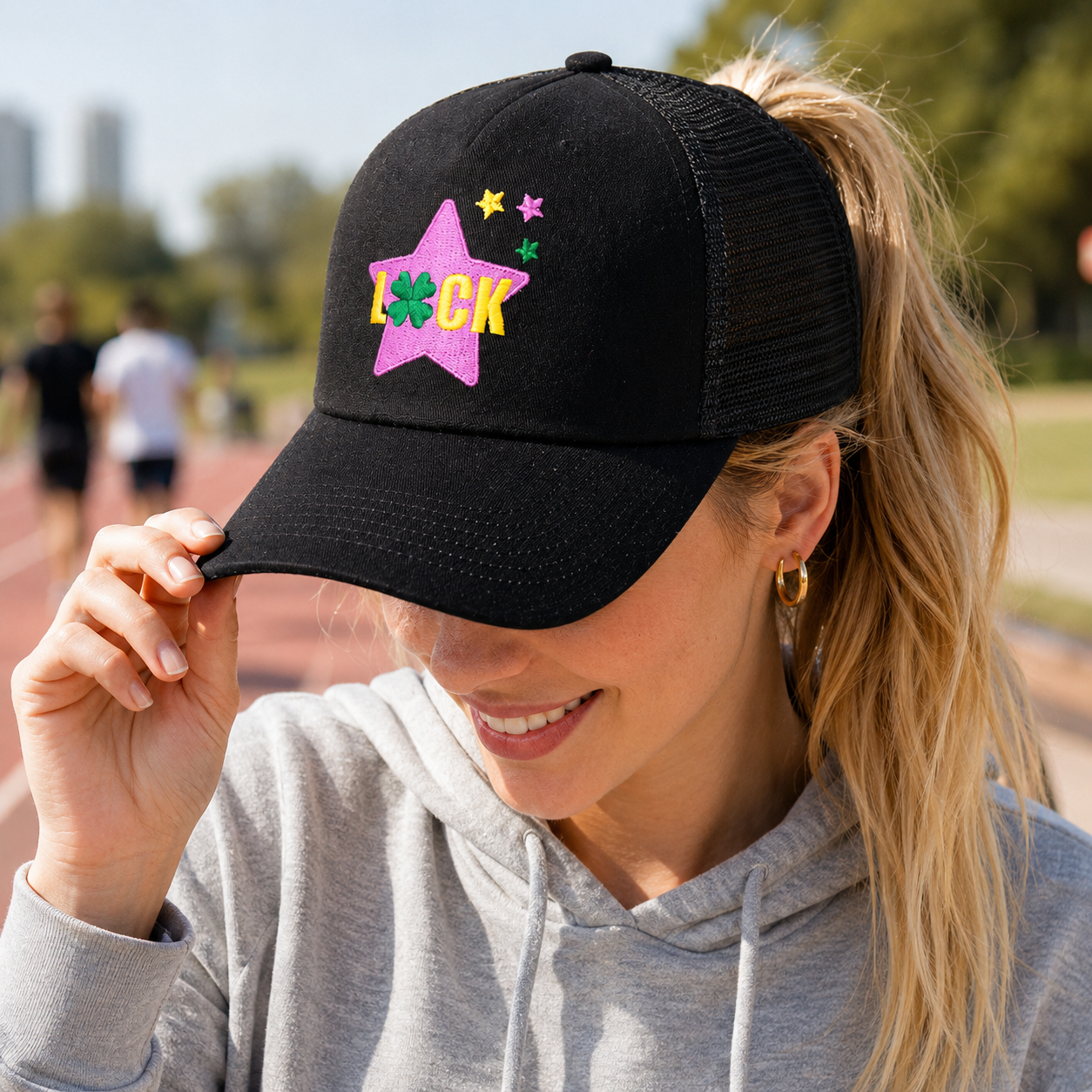 Black Mesh Trucker Hat with Lucky Star Embroidery