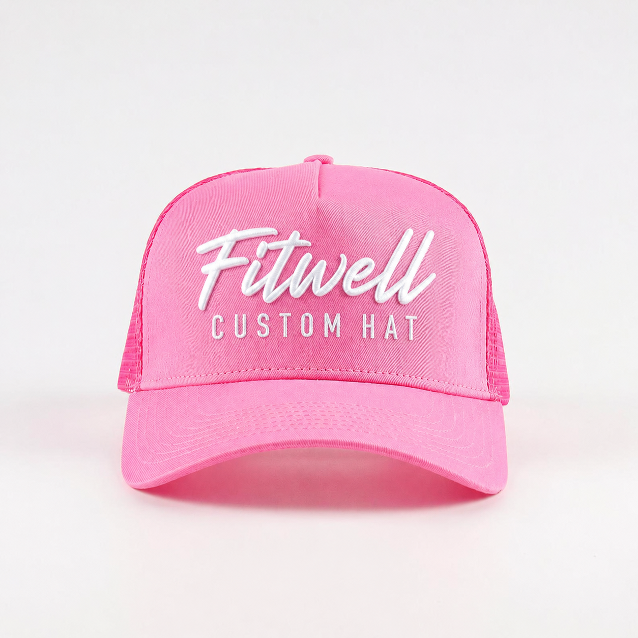 Bright Pink 5-Panel Mesh Trucker Cap with White Script Embroidery