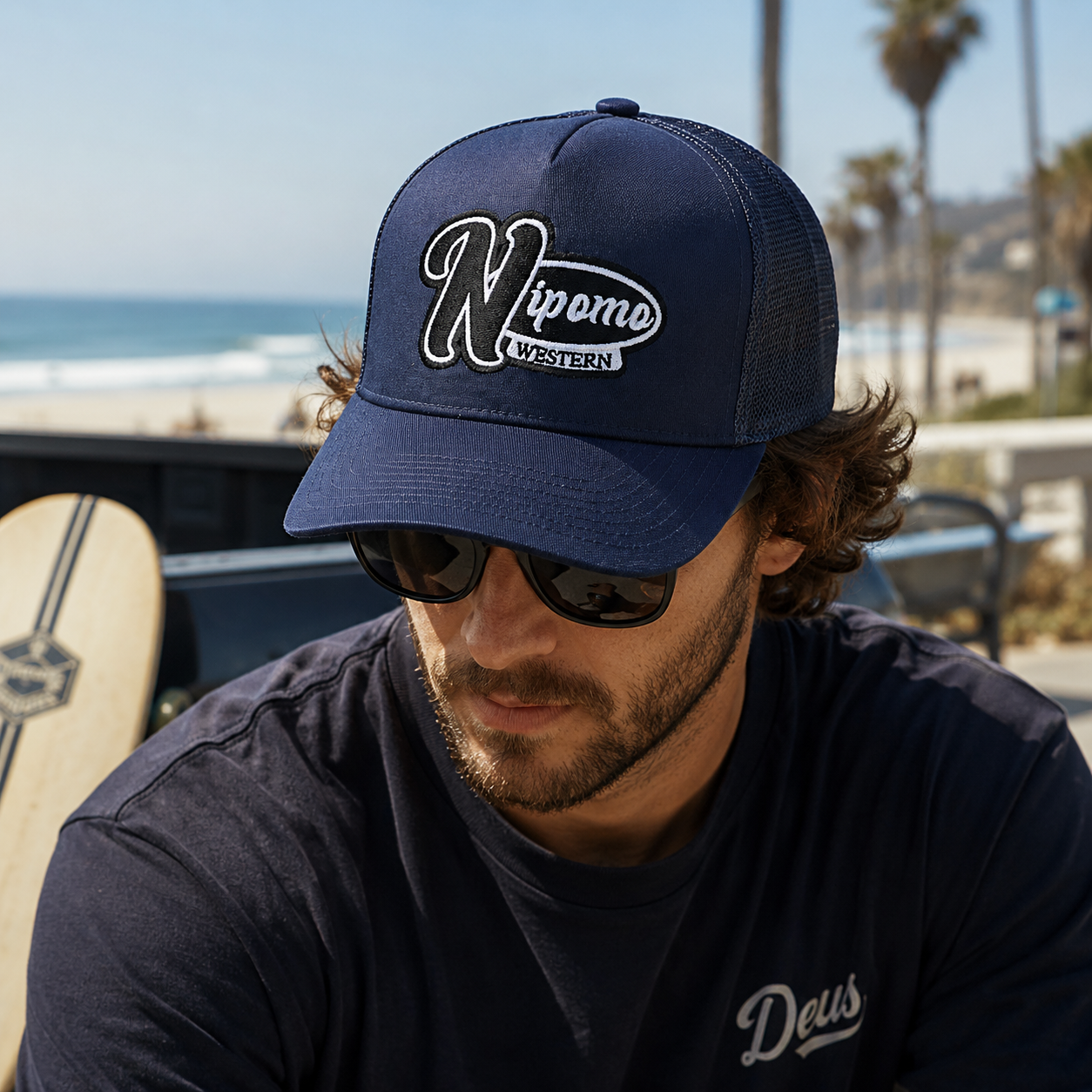 Navy 5-Panel Cotton Trucker Hat with Nipomo Western Embroidery
