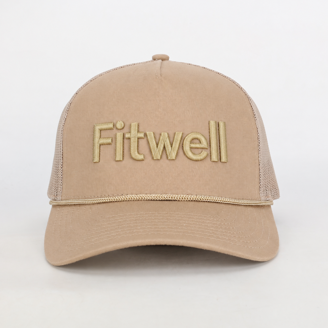 Beige Cotton Mesh Trucker Hat with Embroidered V Logo