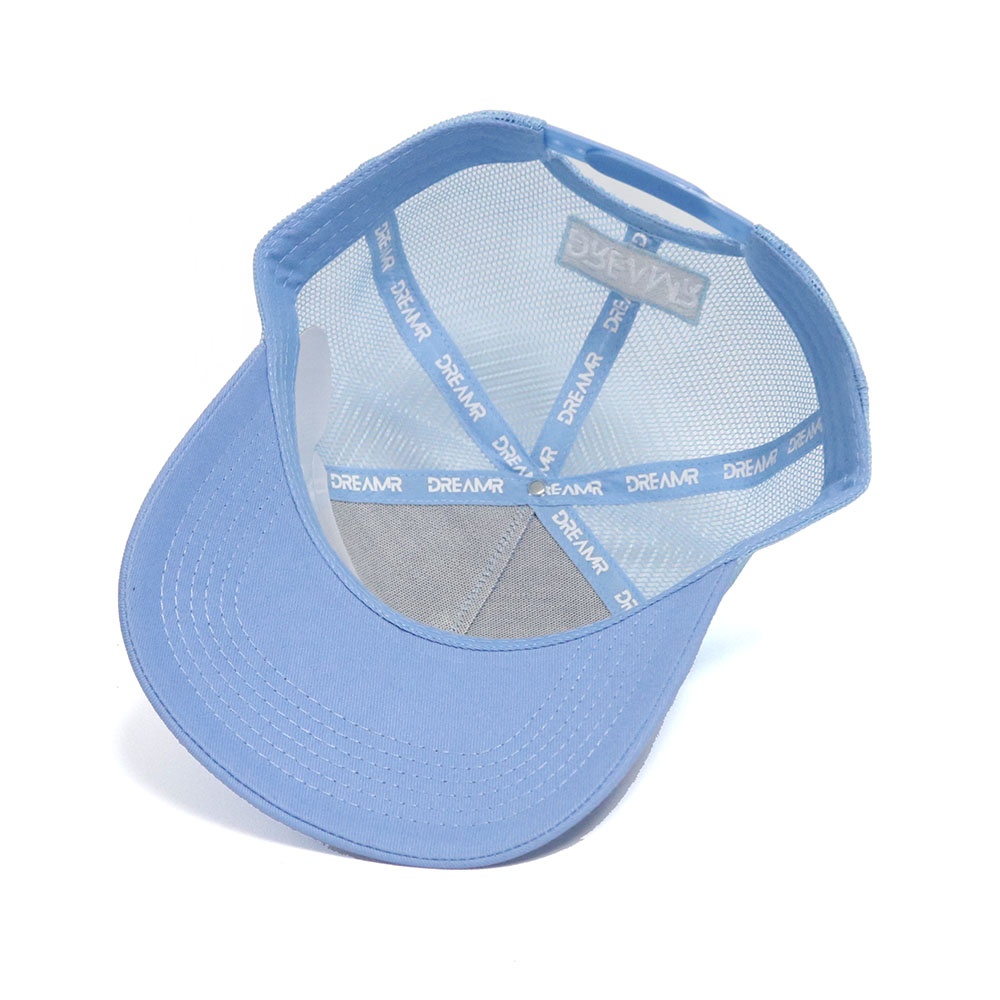 Light Blue 5-Panel Mesh Trucker Hat with White Embroidery