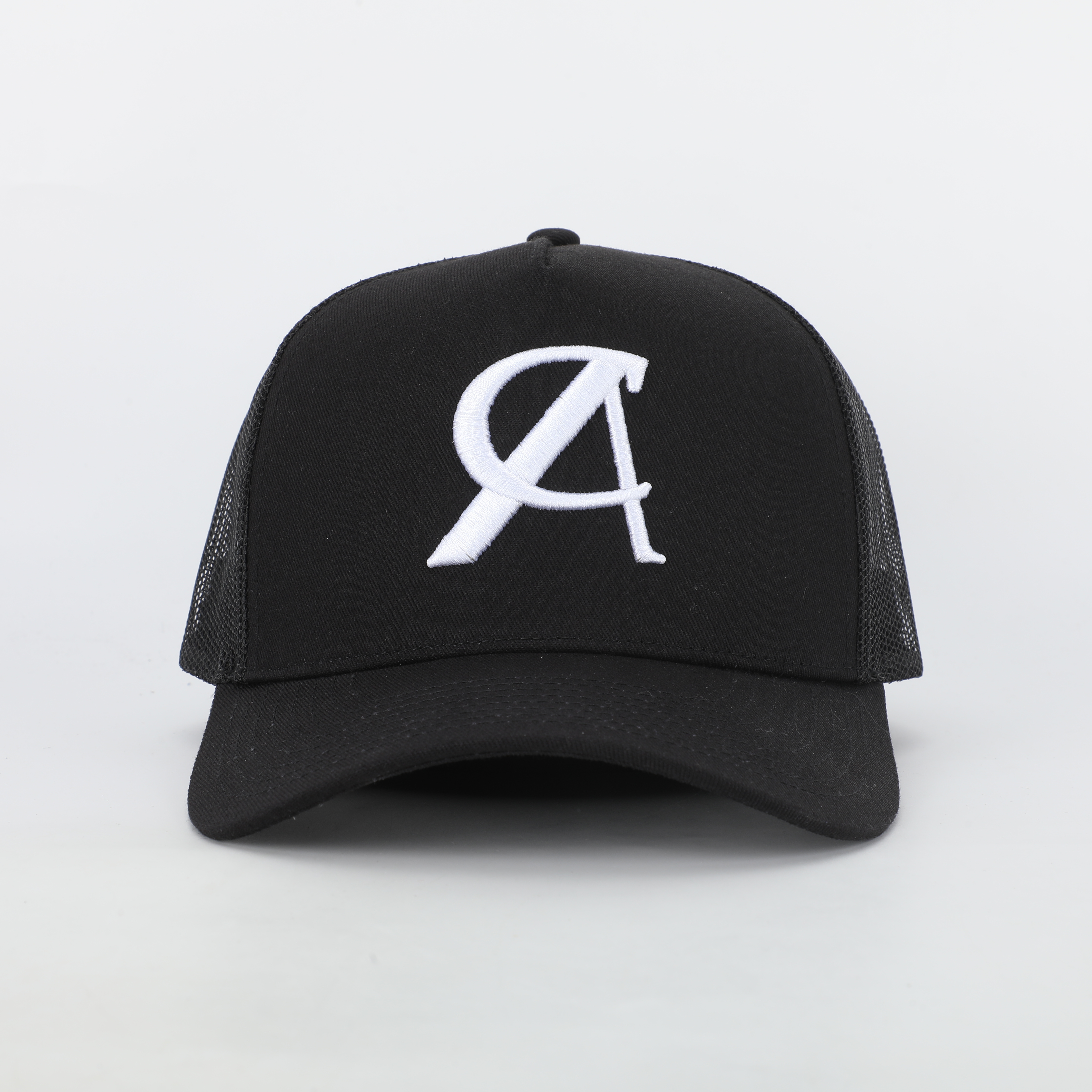 Black Mesh Trucker Hat with White Embroidered A Logo