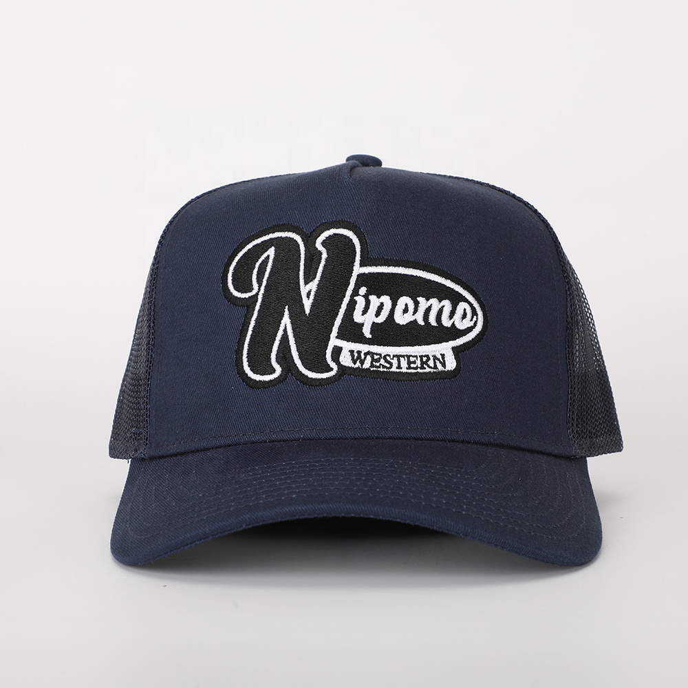 Navy 5-Panel Cotton Trucker Hat with Nipomo Western Embroidery